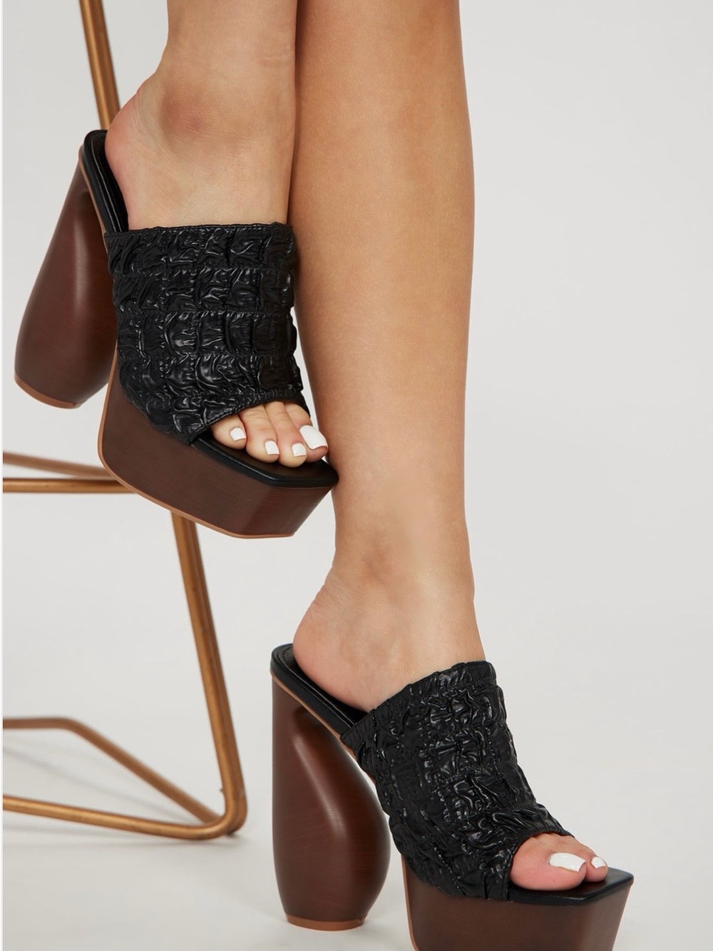 Fashion Nova Black Textured Ruched Platform Mule Heels with Brown Sculpted Heel